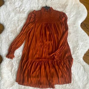 Just Taylor Stripe Smocked Yoke Mock Neck Dress In Copper Size 6